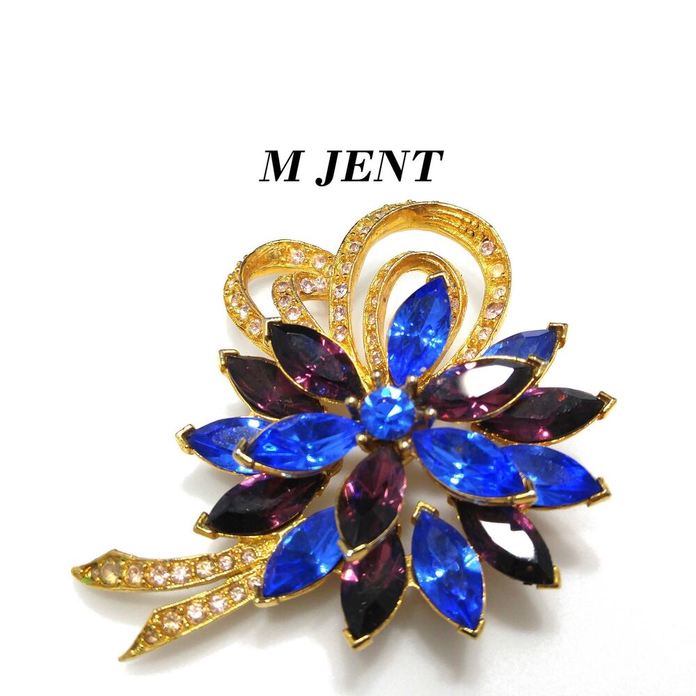 Vintage Signed Blue Purple Rhinestone Floral Brooch, Clear Rhinestone Ribbons,
